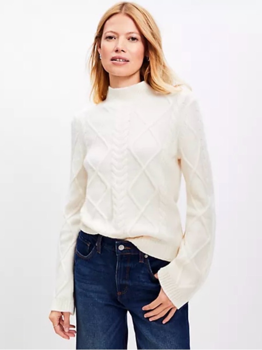 LOFT Cream Mock Neck Cable Sweater